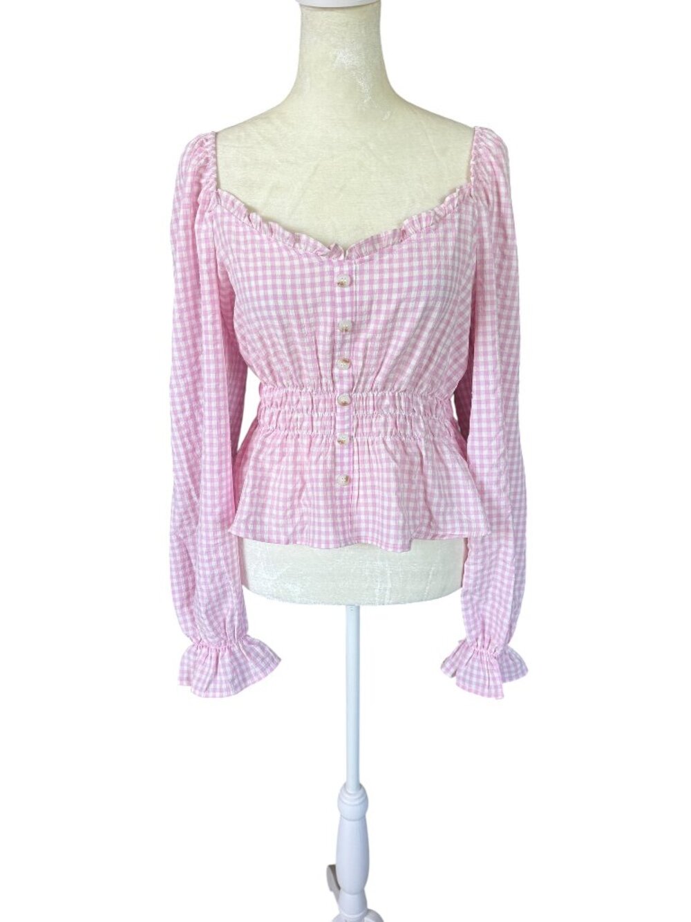 Mine women's pink and white gingham smocked peplum blouse with long sleeves S